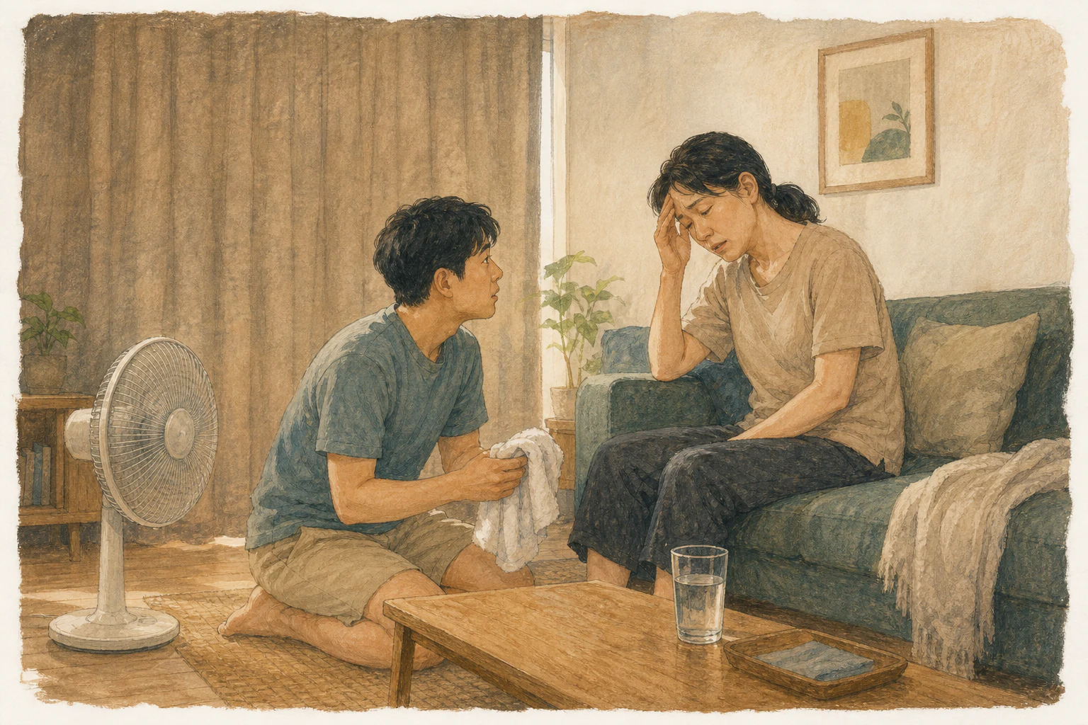 폭염이 이어진 실내에서 한 사람이 커튼을 닫고 선풍기와 젖은 수건을 준비한 채 소파에 앉아 지쳐 있는 가족의 반응을 살피는 상황 재구성 (AI 생성 삽화)