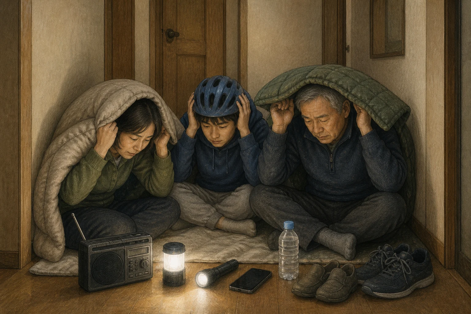 강풍 경보 중 한국 주택에서 세 사람이 창문 없는 작은 복도에 낮게 앉아 이불과 자전거 헬멧으로 머리를 보호하고 배터리 라디오와 손전등을 곁에 둔 상황 재구성 (AI 생성 삽화)