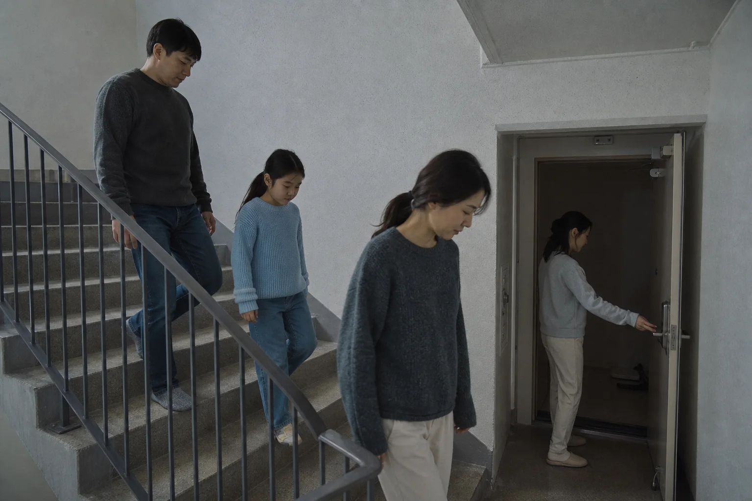 가족이 물건을 들지 않고 아파트 계단을 내려가고 마지막 성인은 현관문을 닫는 대피 상황 재구성 (AI 생성 삽화)