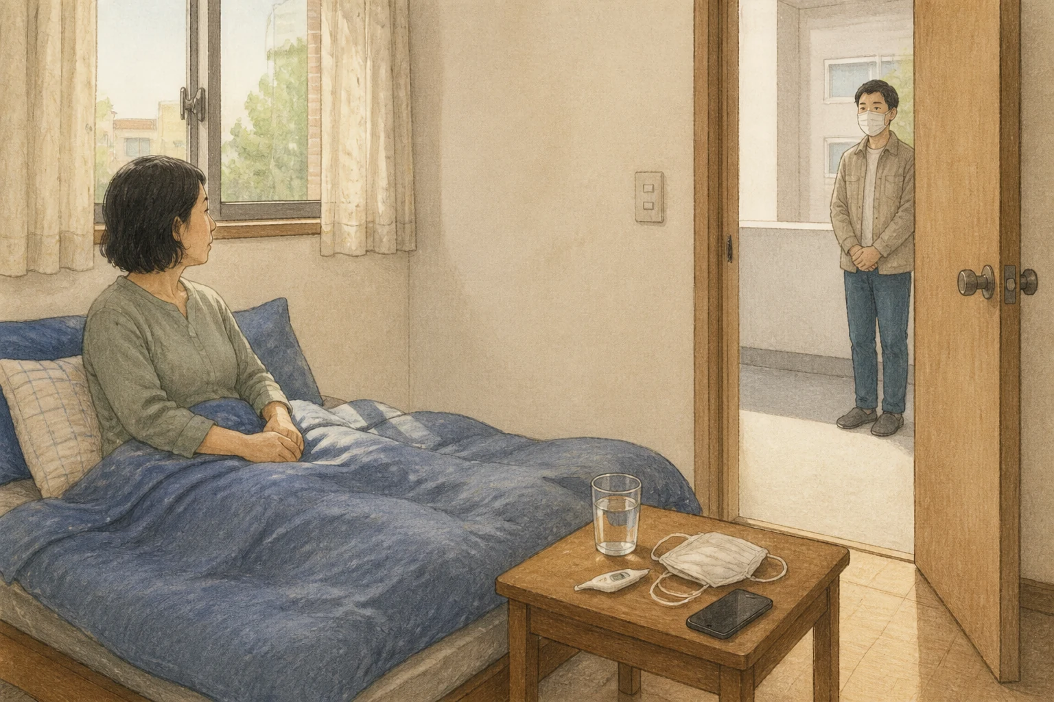 작은 방 한편에 물, 체온계, 마스크, 휴대전화가 놓인 협탁이 있고 문틈으로 다른 가족이 지나가는 가정 내 상황 재구성 (AI 생성 삽화)