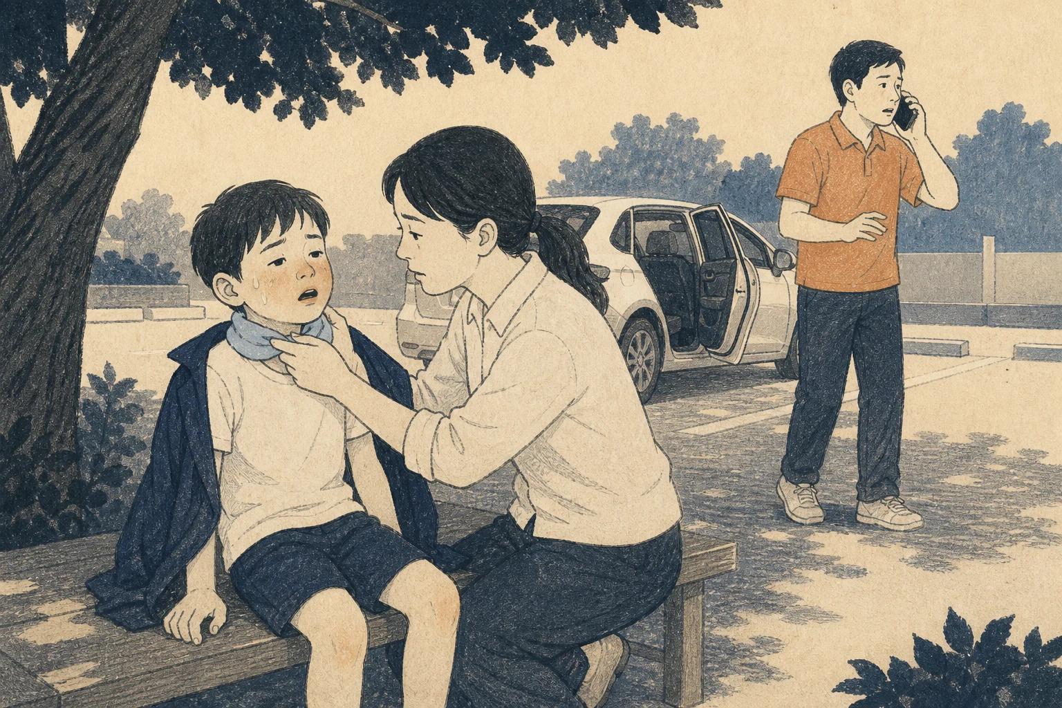 문이 열린 차량에서 나온 아이가 나무 그늘의 벤치에 앉아 있고 보호자는 젖은 천으로 목을 식히며 다른 성인은 신고하는 편집 삽화 (AI 생성 삽화)