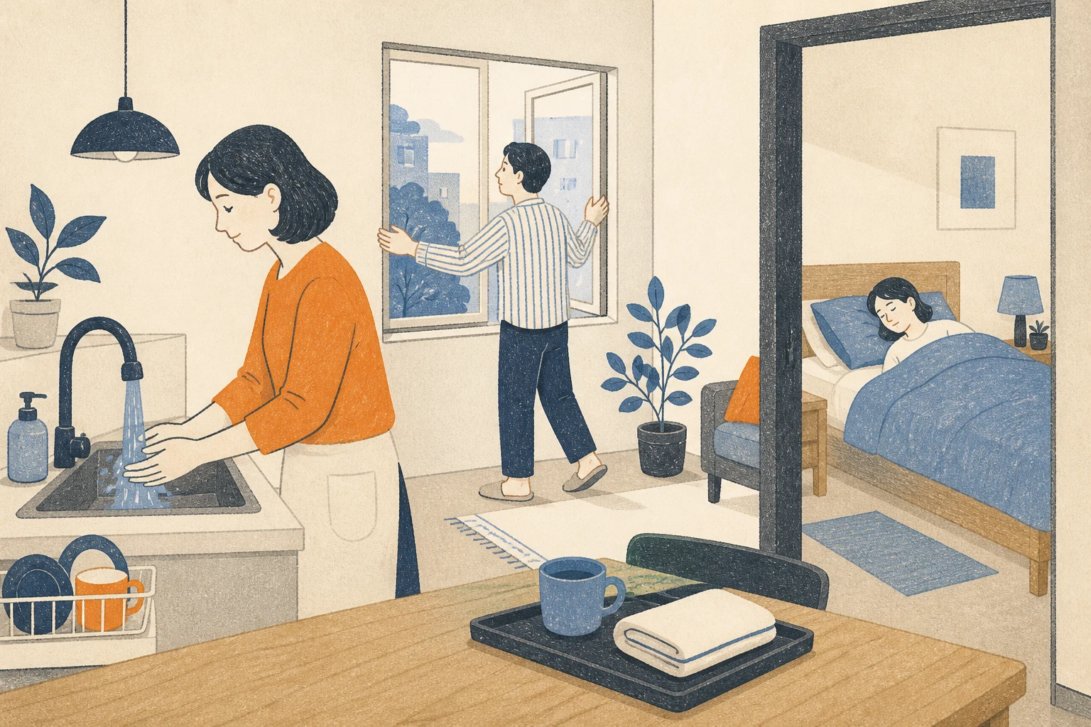 한 사람은 세면대에서 손을 씻고 다른 사람은 창문을 열며 별도 컵과 수건을 둔 방에서 가족이 쉬는 편집 삽화 (AI 생성 삽화)