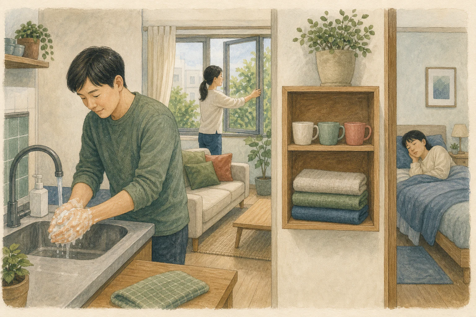 작은 공동주택 거실에서 한 사람이 창문을 열어 환기하고 다른 사람은 세면대에서 손을 씻으며 컵과 수건을 각자 자리에 구분해 둔 상황 재구성 (AI 생성 삽화)