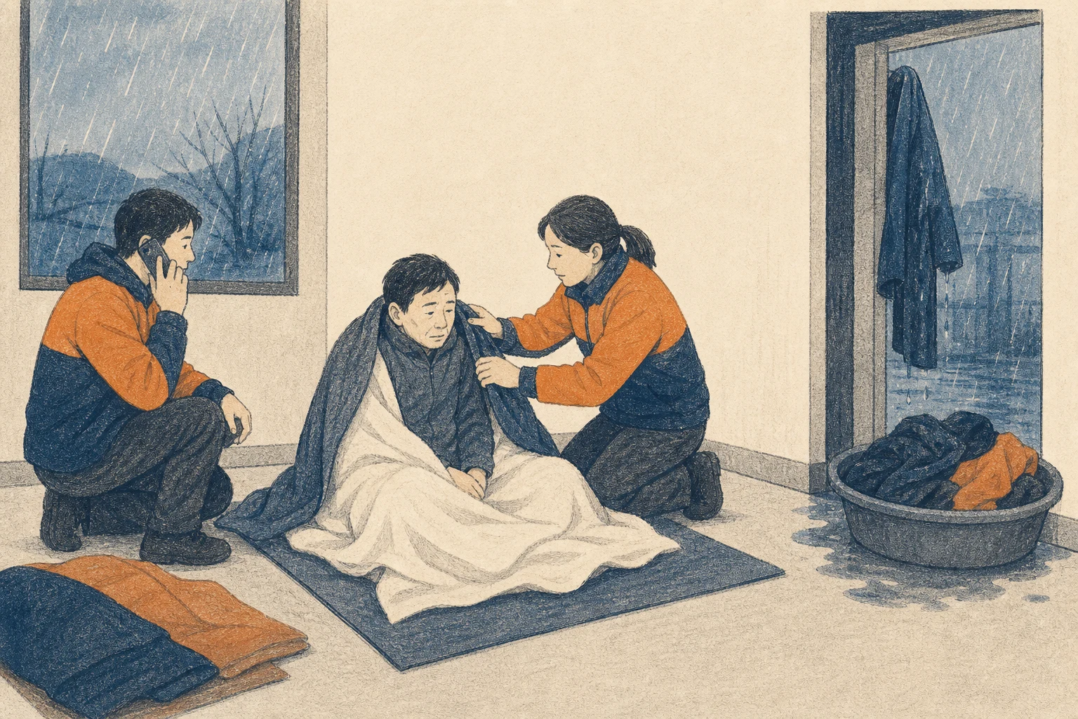 종이 질감의 삽화에서 의식 있는 사람을 마른 담요로 감싸고 젖은 겉옷을 문가 대야에 분리한 채 다른 사람이 신고하는 장면 (AI 생성 삽화)