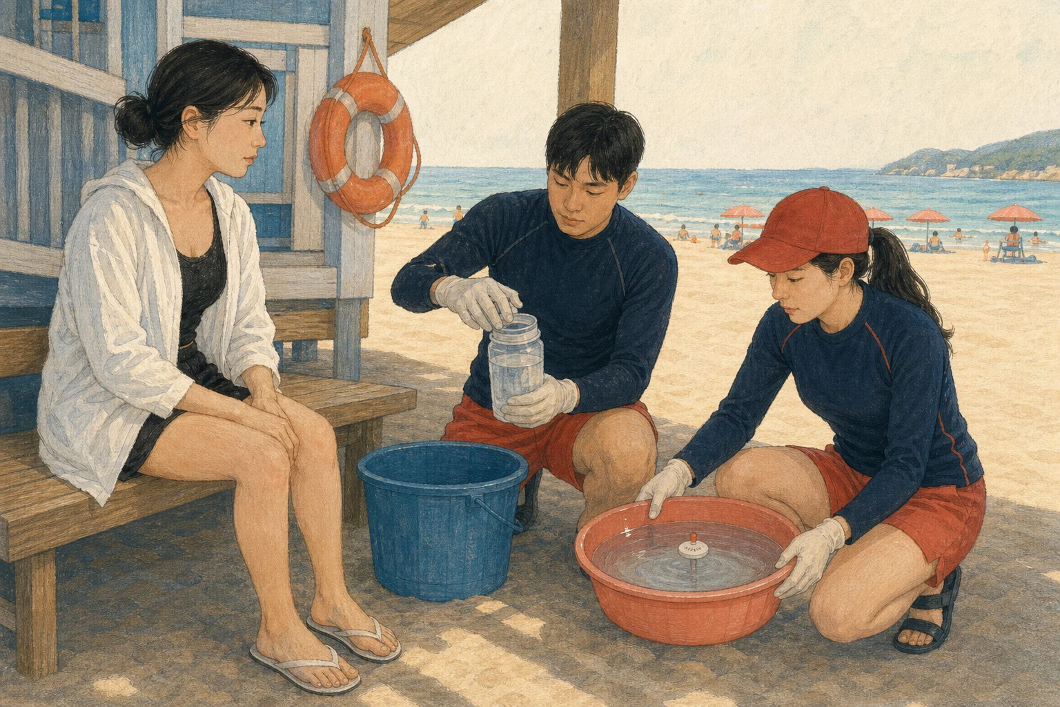 한국의 여름 해수욕장 구조대 그늘에서 의식 있는 성인이 벤치에 앉고 구조요원은 장갑을 낀 채 생리식염수나 바닷물 통을 준비하며 동행인이 안전한 온도의 온수 대야를 가져오는 상황 재구성 (AI 생성 삽화)