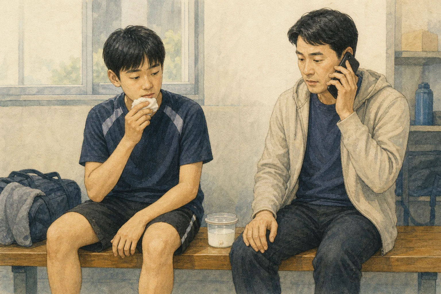 실내 체육관에서 보호자가 작은 깨끗한 용기의 우유 속에 빠진 치아를 담아 두고 치과에 전화하는 상황 재구성 (AI 생성 삽화)