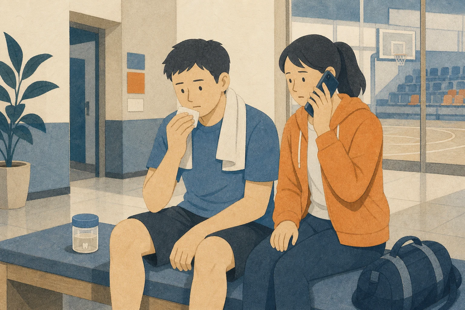 실내 체육시설에서 성인은 입가에 깨끗한 거즈를 대고 동행인은 액체와 빠진 치아가 든 닫힌 용기 옆에서 치과에 전화하는 편집 삽화 (AI 생성 삽화)