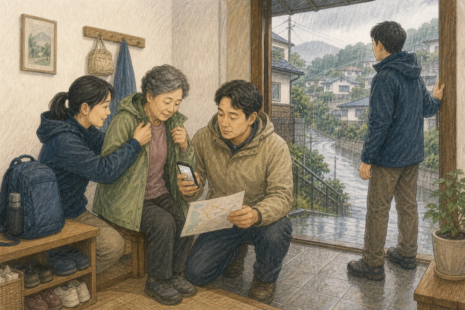 비 내리는 산기슭 주택 현관에서 가족이 휴대전화의 추상적 경보 화면과 종이 대피 경로, 작은 대피 가방을 확인하며 밝을 때 나설 준비를 하는 상황 재구성 (AI 생성 삽화)