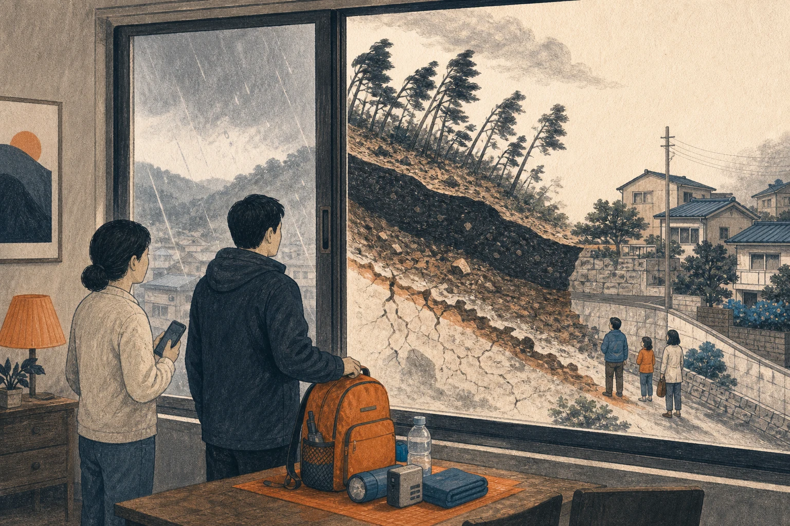 비에 젖은 산지 마을 경사면의 갈라진 토층과 기울어진 나무를 주택 안쪽에서 바라보는 주민들의 삽화 (AI 생성 삽화)