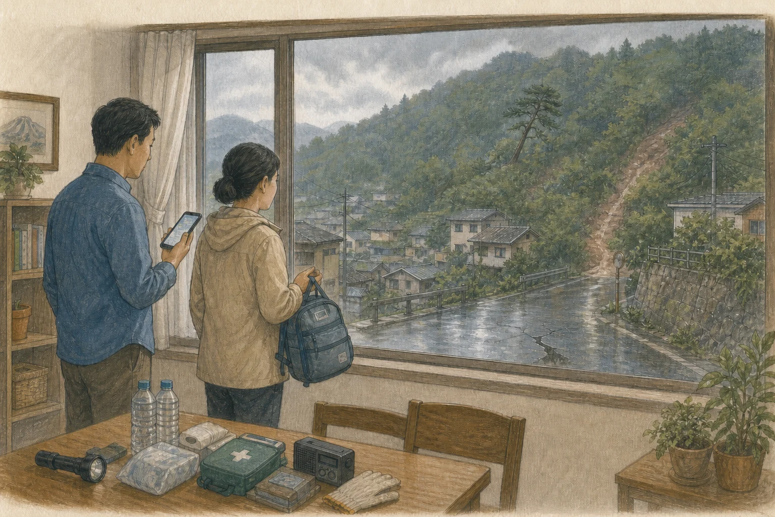 장대비가 잠시 잦아든 한국 산지 마을에서 주민들이 실내 안전한 위치에서 멀리 기울어진 나무와 도로 균열을 살피고 휴대전화 알림과 대피 가방을 확인하는 상황 재구성 (AI 생성 삽화)