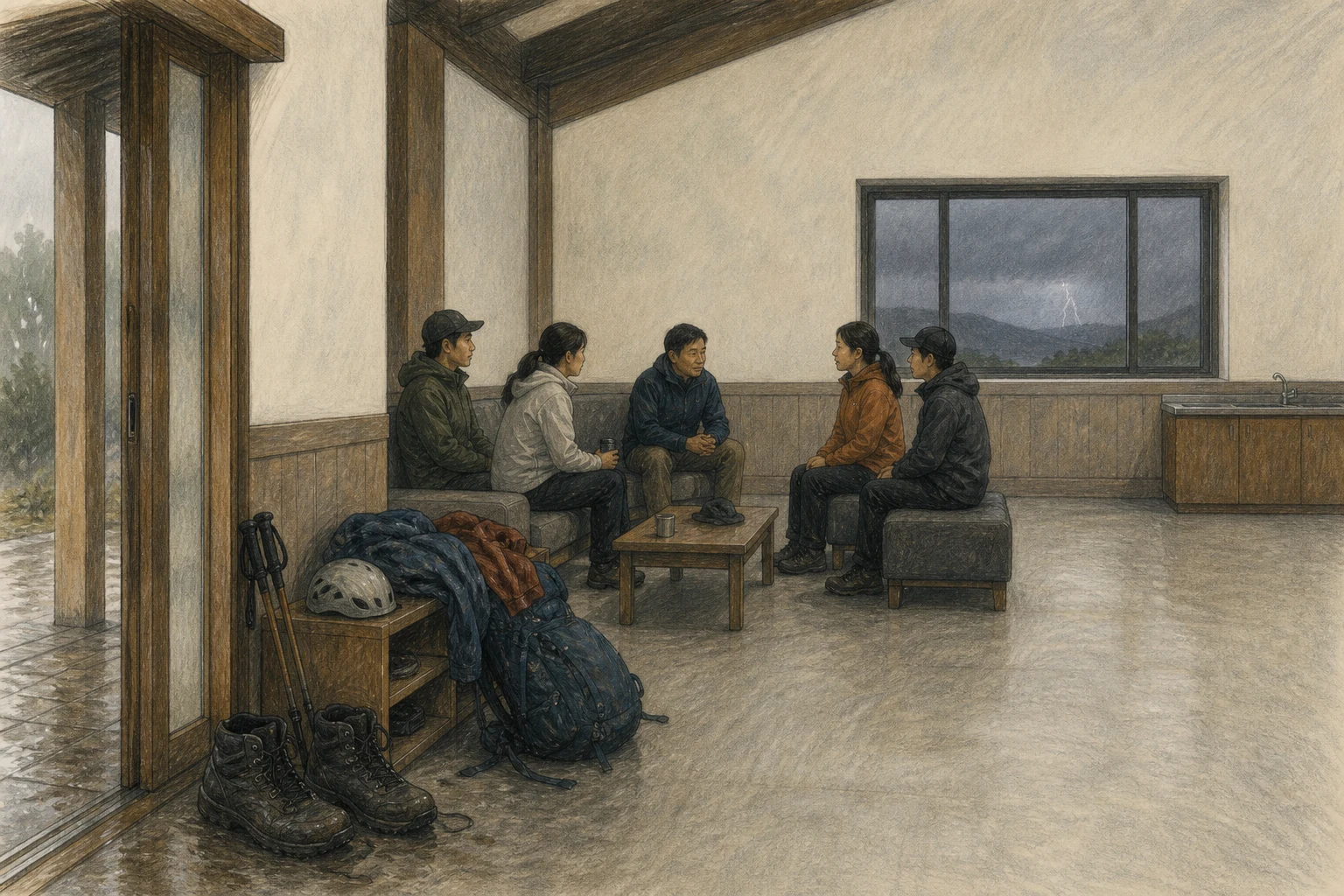 야외 운동을 멈춘 사람들이 튼튼한 건물 안에서 창문과 수도에서 떨어져 기다리는 AI 상황 재구성 (AI 생성 삽화)