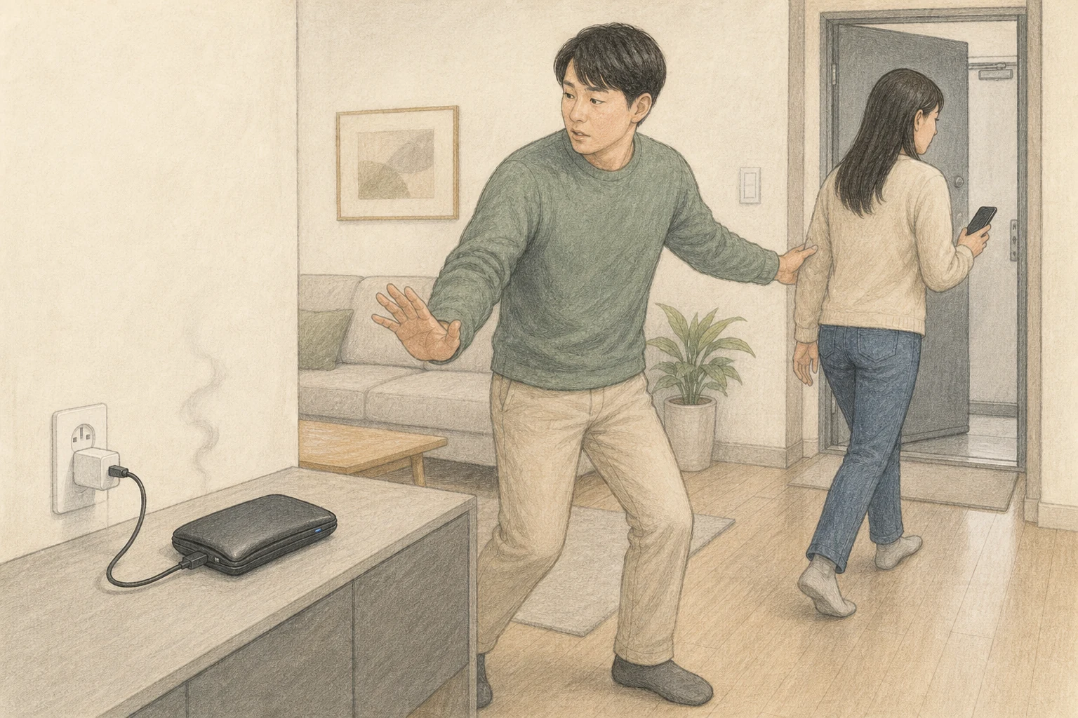 충전 중인 보조배터리가 부풀고 희미한 연무가 생기자 가족이 손대지 않고 출구 쪽으로 물러나는 상황 재구성 (AI 생성 삽화)