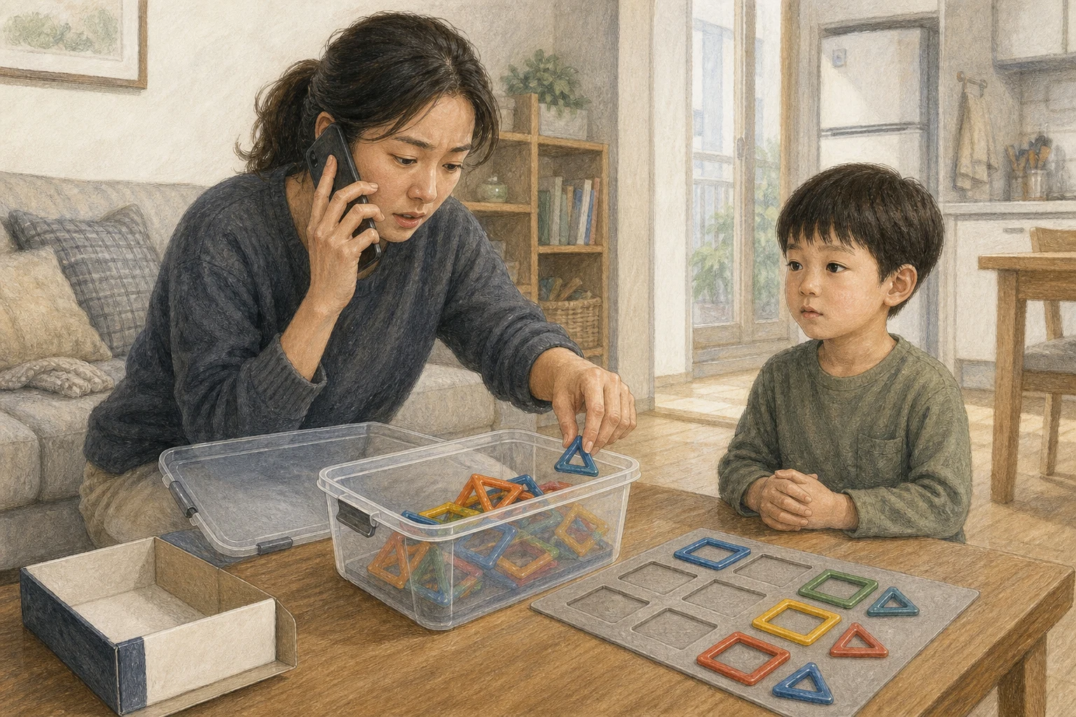 자석 장난감의 빈 자리를 확인한 보호자가 아이를 지켜보며 119에 전화하고 남은 부품을 투명 용기에 담는 AI 상황 재구성 (AI 생성 삽화)