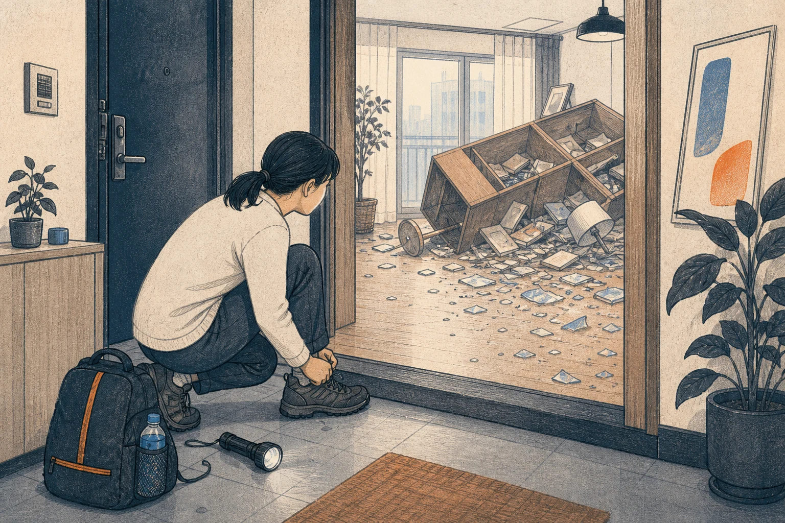 지진 뒤 아파트 문턱의 신발과 손전등, 가방 너머로 넘어진 선반과 유리 파편이 보이는 편집 삽화 (AI 생성 삽화)