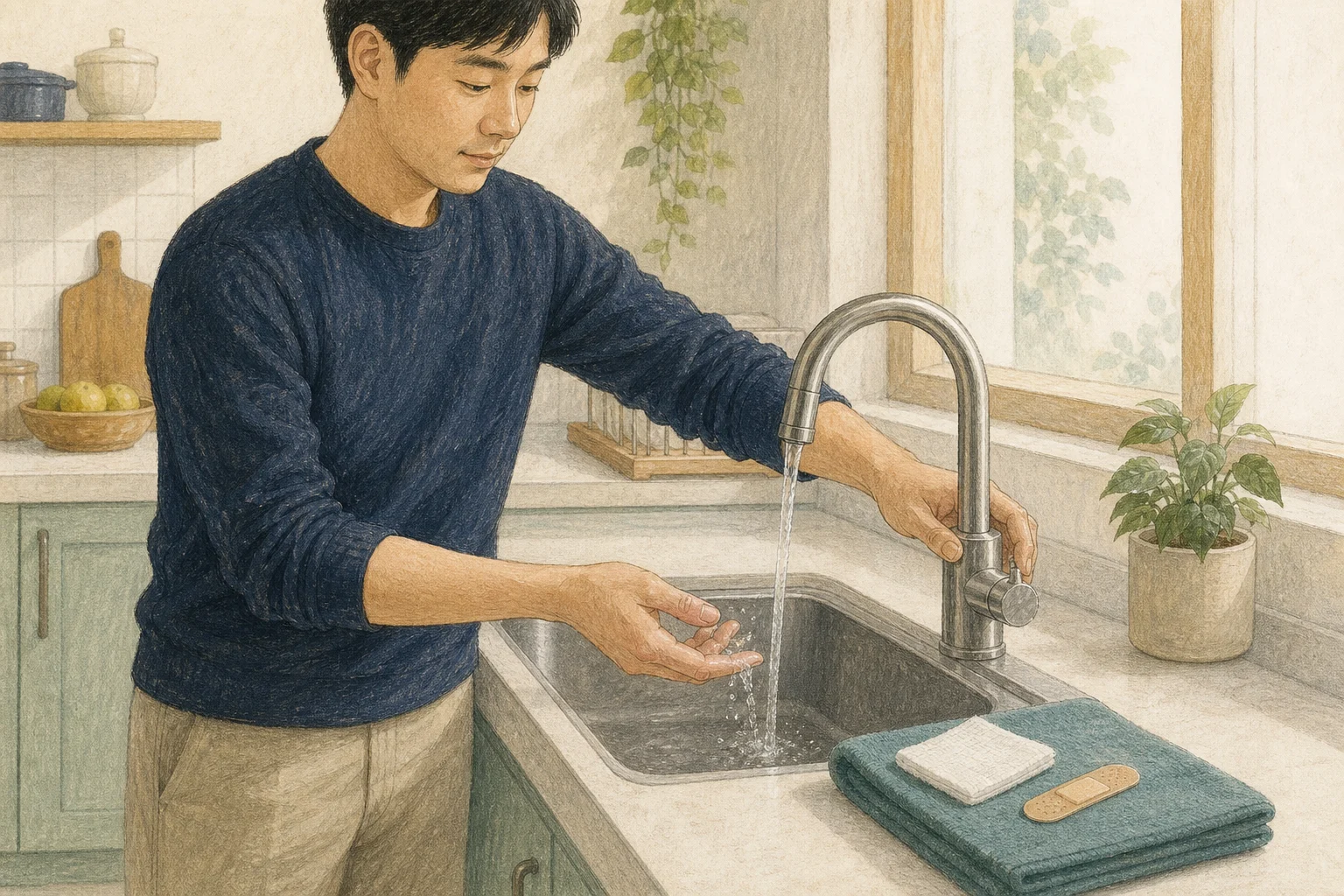 소박한 주방 싱크대에서 성인이 출혈이 멎은 손가락을 약한 흐르는 물 아래 씻고 옆에 깨끗한 거즈와 밴드를 준비한 상황 재구성 (AI 생성 삽화)
