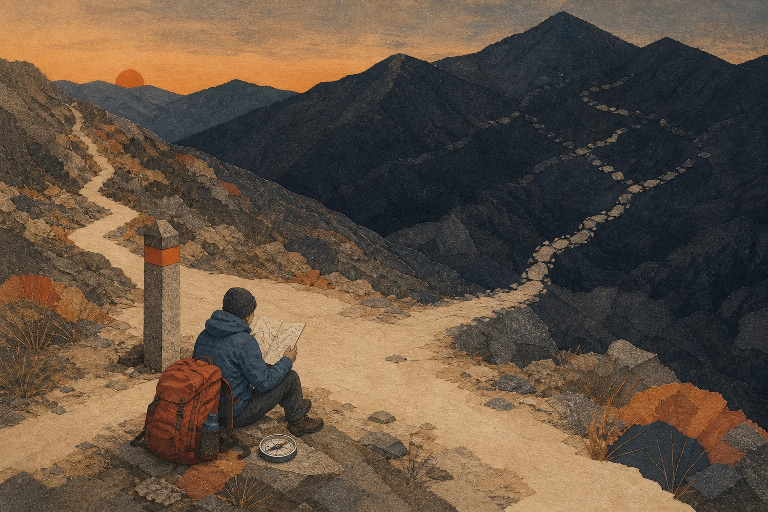 해 질 무렵 산길 표식 옆에 멈춘 등산객과 지도, 어두운 능선으로 흩어지는 여러 경로를 겹친 편집 삽화 (AI 생성 삽화)