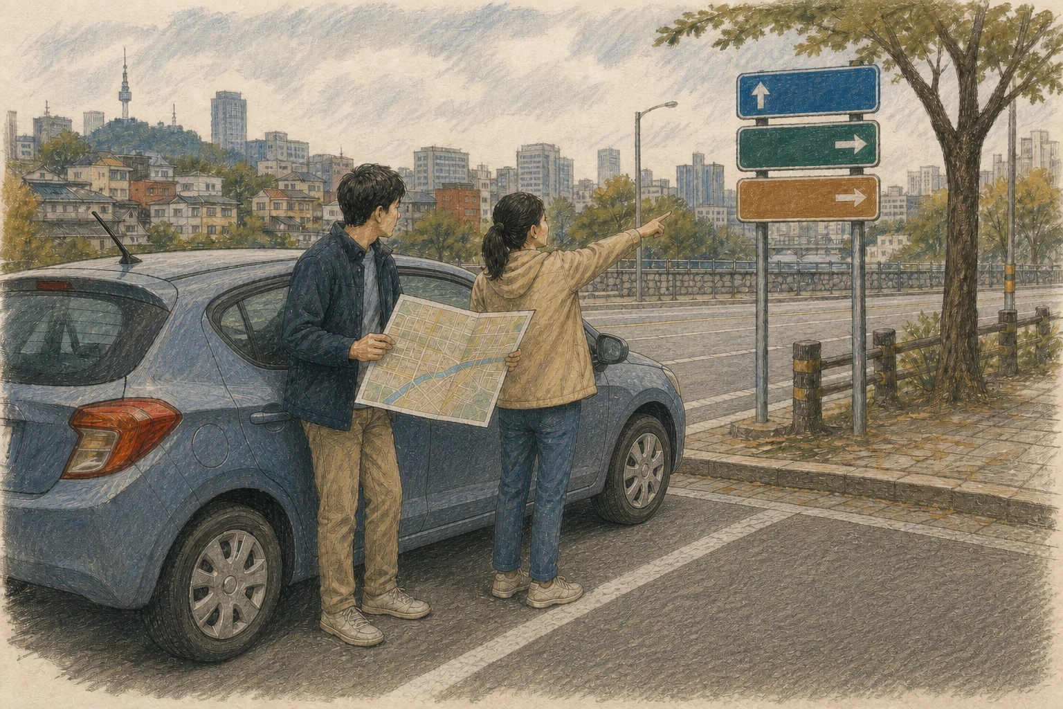 GPS 위치가 불안정한 한국 도심에서 운전자가 안전하게 주차한 뒤 도로 표지와 종이 지도를 대조하고 동승자가 휴대전화를 확인하는 상황 재구성 (AI 생성 삽화)