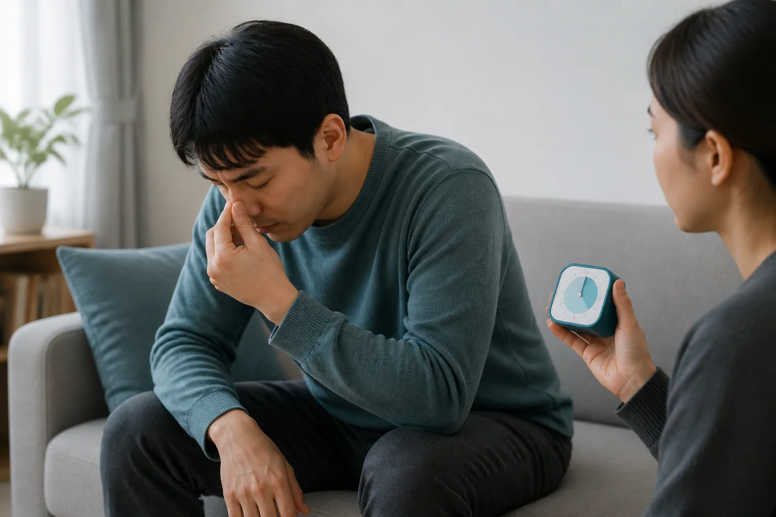 의자에 앉아 몸과 고개를 앞으로 숙인 성인이 엄지와 검지로 콧등 아래의 말랑한 콧방울 양쪽을 연속 압박하고 동행인은 색상 타이머로 시간을 재는 상황 재구성 (AI 생성 삽화)