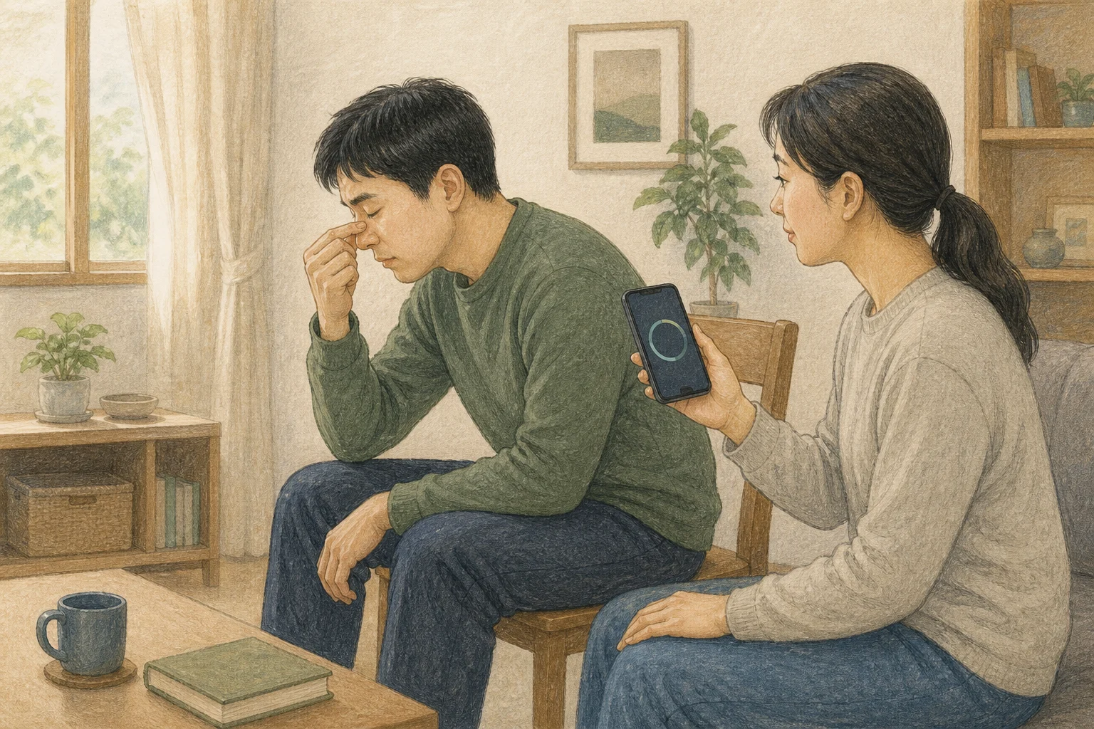 밝은 거실 의자에 앉은 성인이 상체와 고개를 약간 앞으로 숙여 코 아래쪽을 잡고 동행인이 휴대전화 타이머를 켜는 상황 재구성 (AI 생성 삽화)