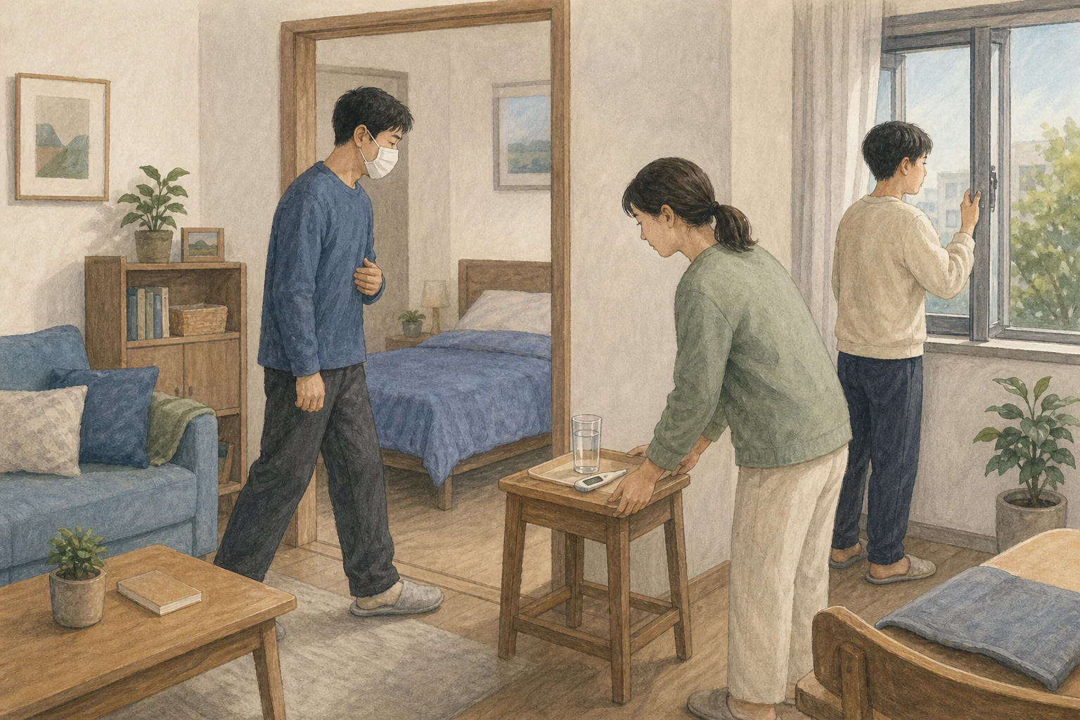 가족 중 한 명이 마스크를 쓰고 다른 방으로 이동하는 동안 나머지 가족이 창문을 열어 환기하고 체온계와 물을 챙기는 상황 재구성 (AI 생성 삽화)