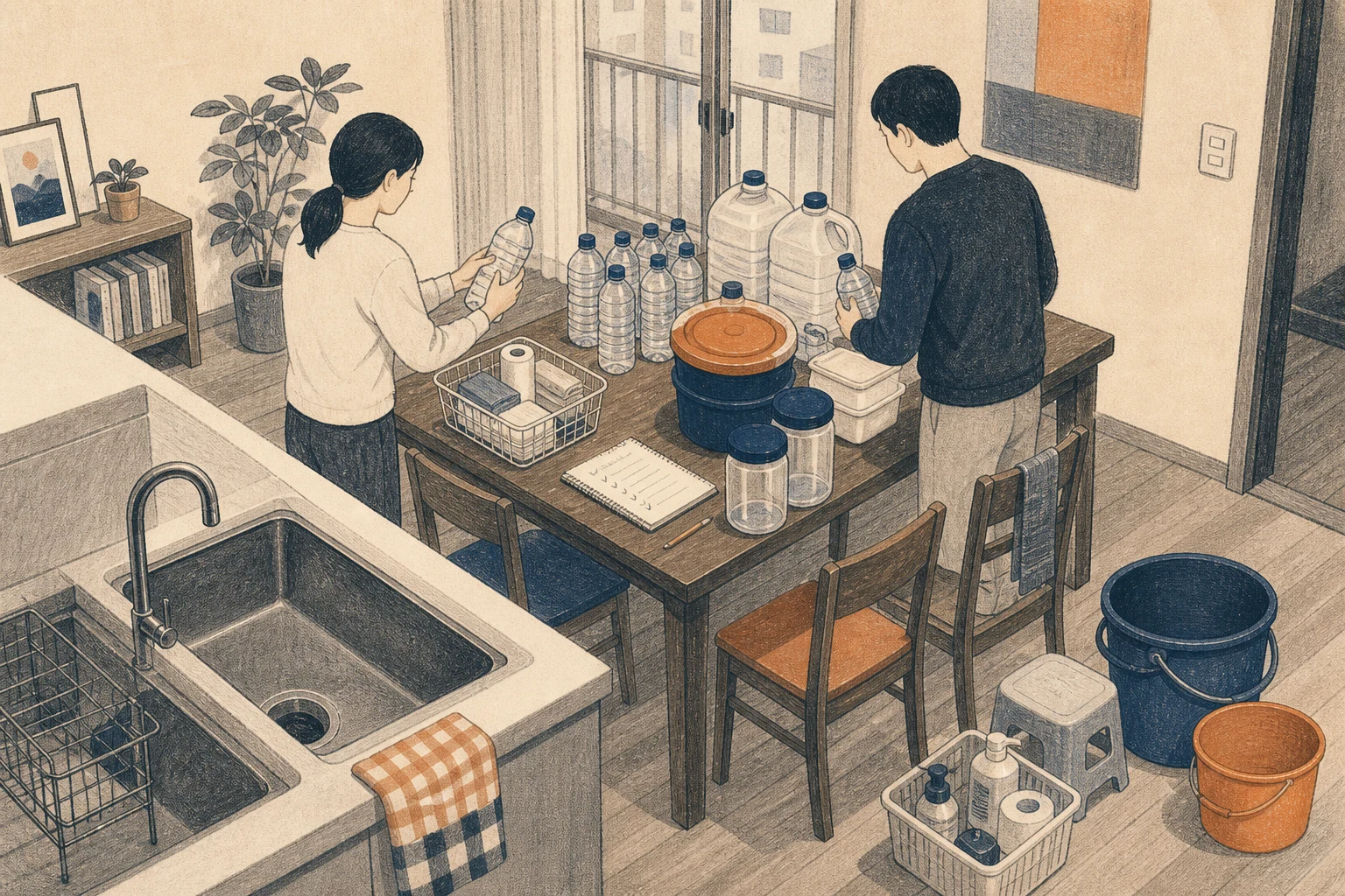 마른 수도꼭지 주변 식탁에서 밀봉된 물과 빈 용기, 생활용 양동이를 나눠 확인하는 주민들의 삽화 (AI 생성 삽화)