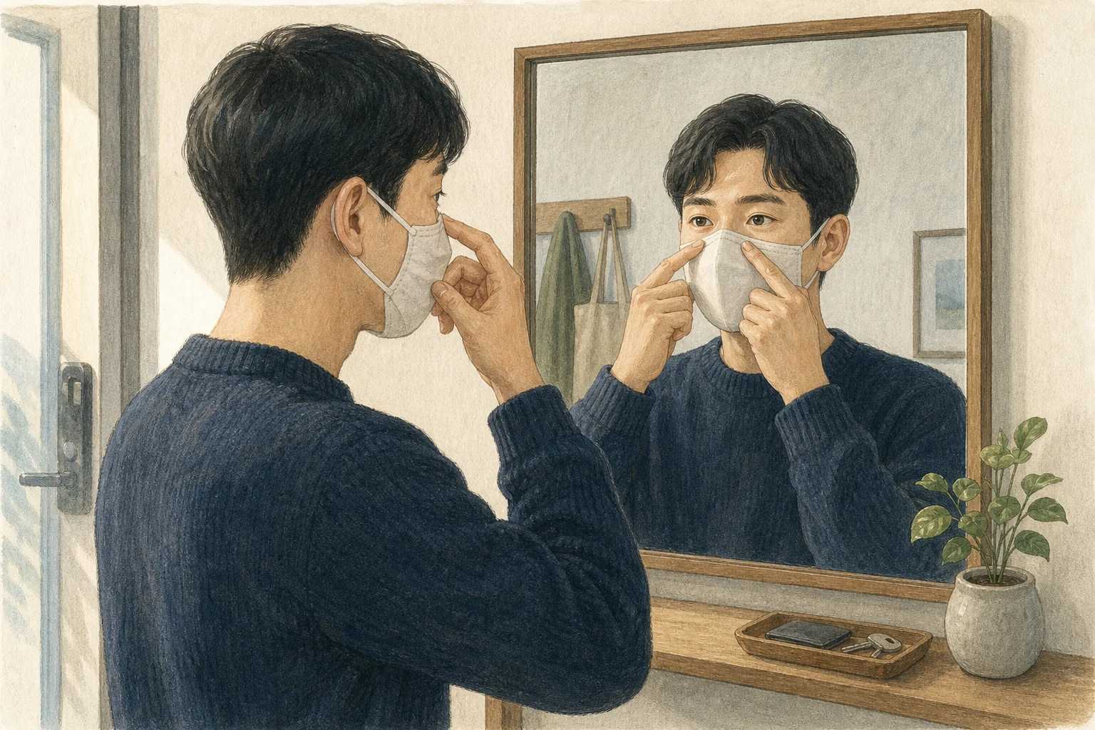 한 사람이 거울 앞에서 두 손으로 마스크 코편과 얼굴 전체를 매만지며 밀착을 확인하는 상황 재구성 (AI 생성 삽화)