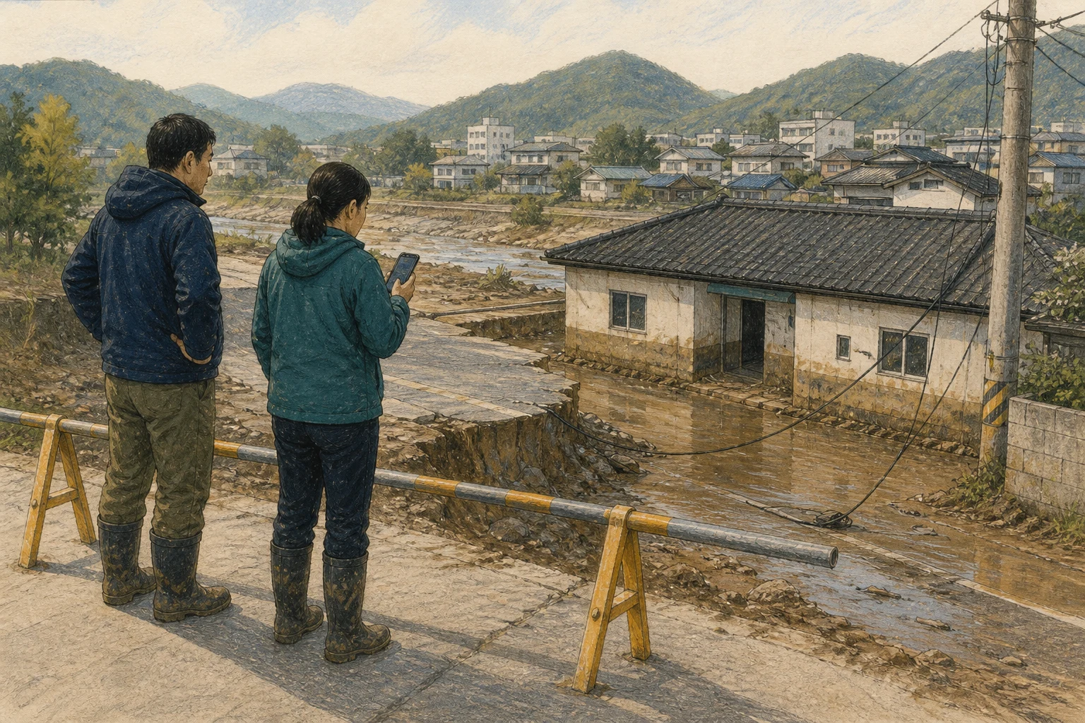 물이 빠진 한국 강변 마을에서 주민 두 명이 임시 장벽 뒤에 머물며 유실된 도로와 처진 전선, 진흙 묻은 건물을 멀리서 확인하는 상황 재구성 (AI 생성 삽화)