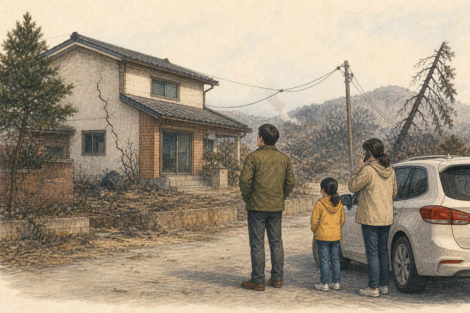 산불이 지나간 한국 단독주택 앞 낮에 두 성인이 아이를 차 가까이에 둔 채 안전한 거리에서 벽 균열과 그을린 나무, 처진 전선을 살피며 시설기관에 전화하는 상황 재구성 (AI 생성 삽화)
