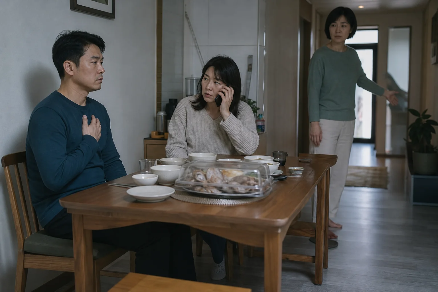 해산물 식사 뒤 불편해진 성인이 똑바로 앉아 섭취를 멈추고 동행인은 전화하며 남은 음식은 투명 덮개를 씌워 멀리 둔 상황 재구성 (AI 생성 삽화)