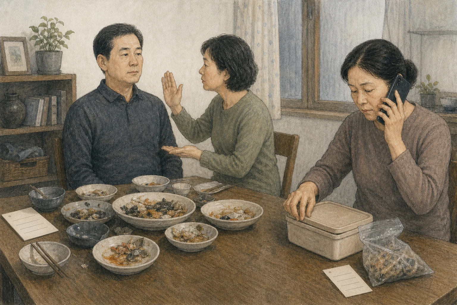 해산물 식사 뒤 한 사람이 쉬고 동행인이 식사를 치운 뒤 119에 전화하며 포장과 영수증을 보존하는 AI 상황 재구성 (AI 생성 삽화)