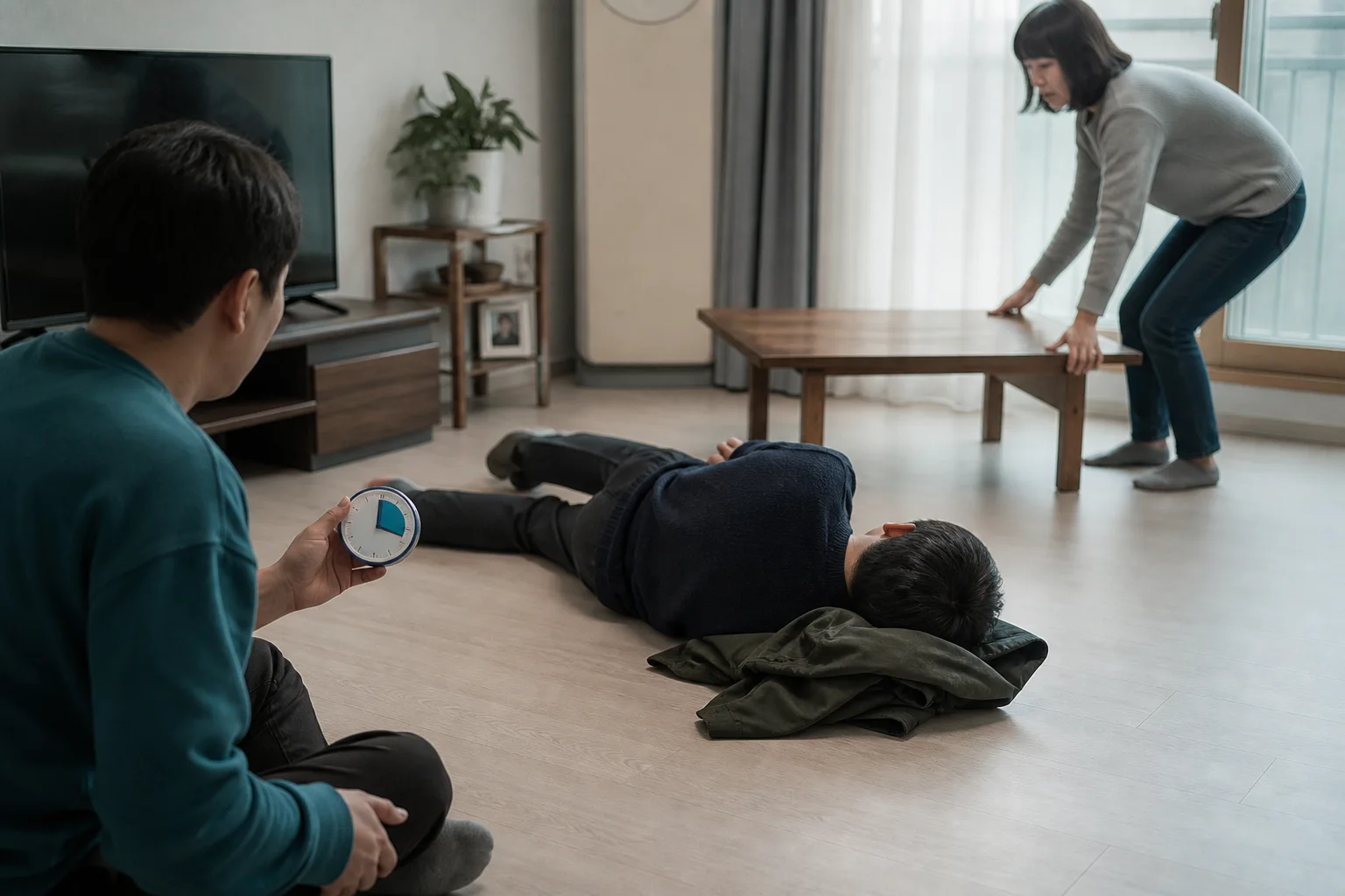 바닥에 옆으로 누운 성인의 머리 아래 접은 재킷을 두고 한 동행인은 몸을 붙잡지 않은 채 시간을 확인하며 다른 동행인은 단단한 탁자를 멀리 옮기는 상황 재구성 (AI 생성 삽화)
