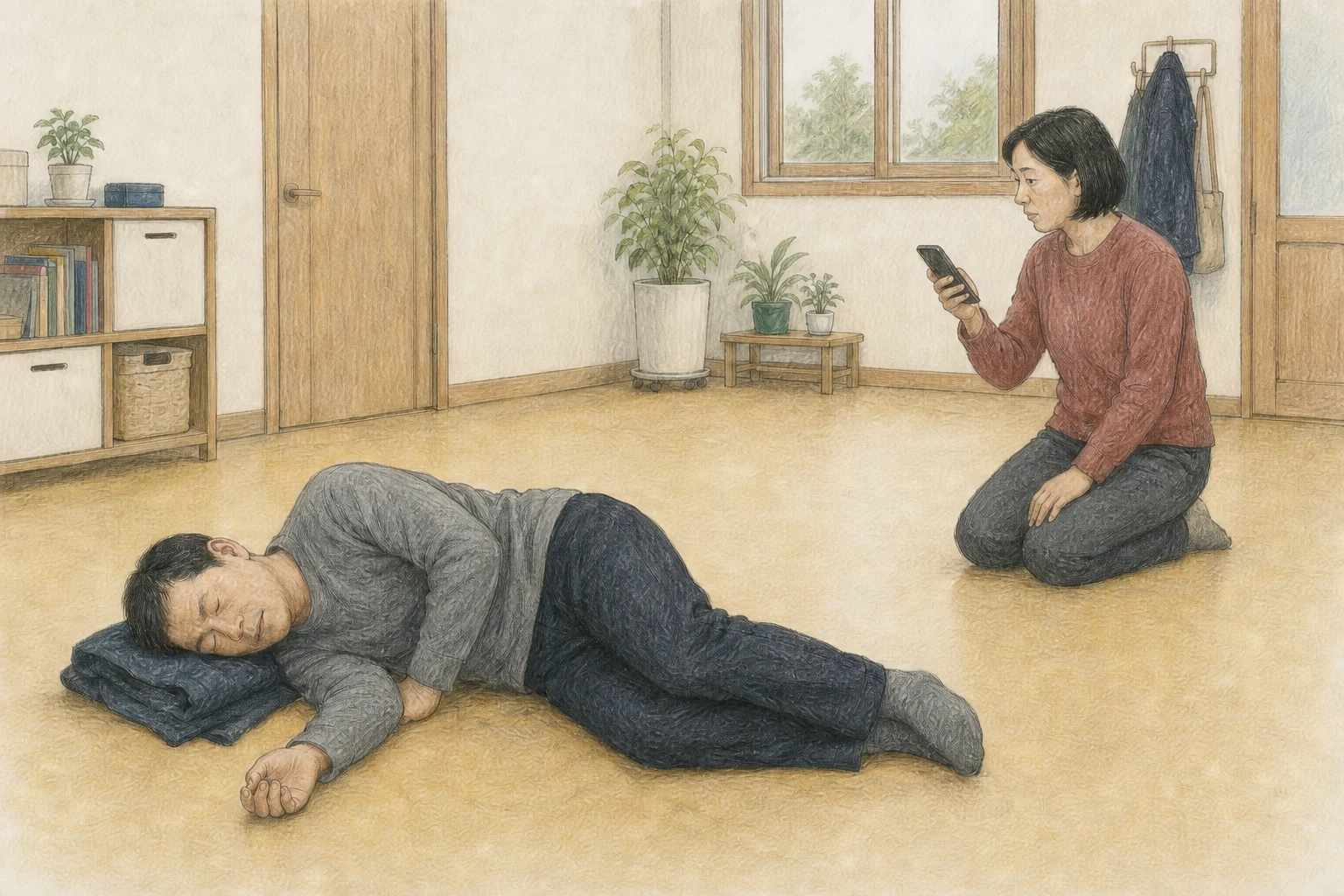 비워 둔 바닥에 옆으로 누운 성인 머리 아래 접은 재킷이 있고 도움을 주는 사람이 몸을 붙잡지 않은 채 시간을 확인하는 상황 재구성 (AI 생성 삽화)
