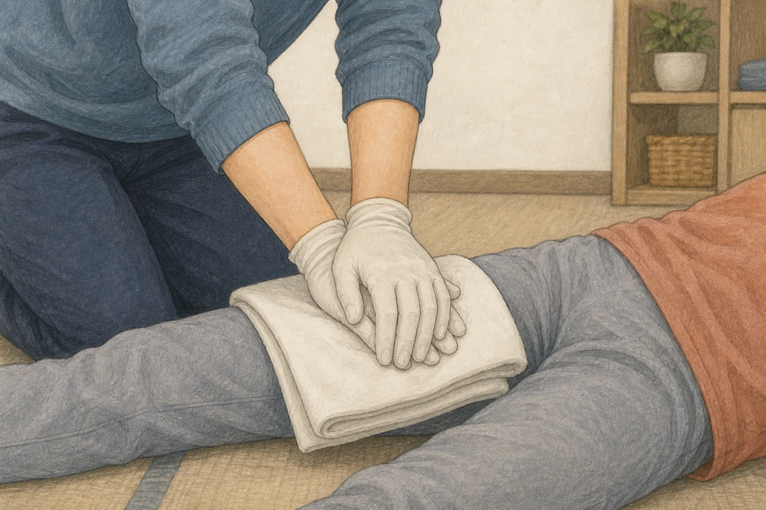 비그래픽한 실내에서 장갑 낀 구조자가 접은 천 위를 두 손으로 수직 압박하며 상처와 피는 천 아래에 가려진 응급처치 장면을 가까운 거리에서 담은 상황 재구성 (AI 생성 삽화)