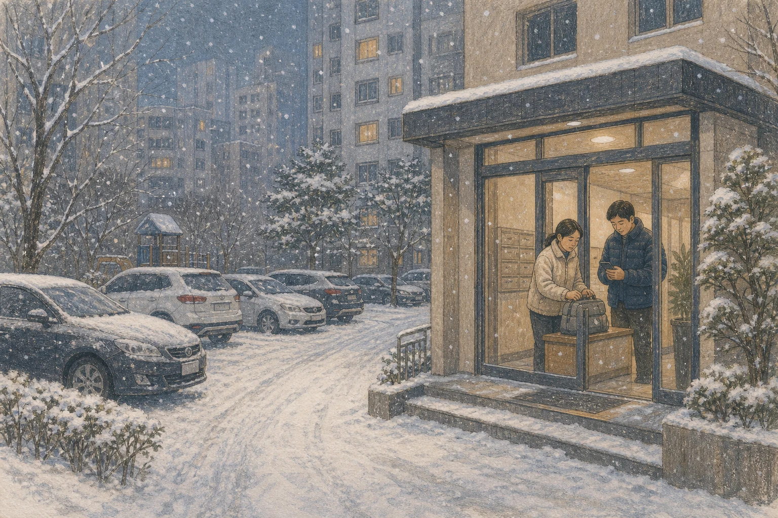 폭설이 이어지는 한국 아파트 단지 이른 저녁에 제설되지 않은 도로의 차량이 멈춰 있고 건물 입구 안쪽의 주민 두 명이 휴대전화와 작은 비상가방을 확인하며 외출하지 않는 상황 재구성 (AI 생성 삽화)