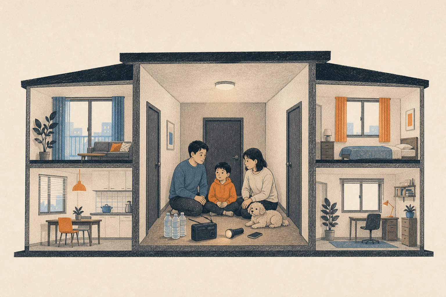 종이 질감의 주택 단면 삽화에서 가족과 반려견이 창문 있는 방 사이의 안쪽 공간에 모여 라디오와 휴대전화를 곁에 둔 장면 (AI 생성 삽화)