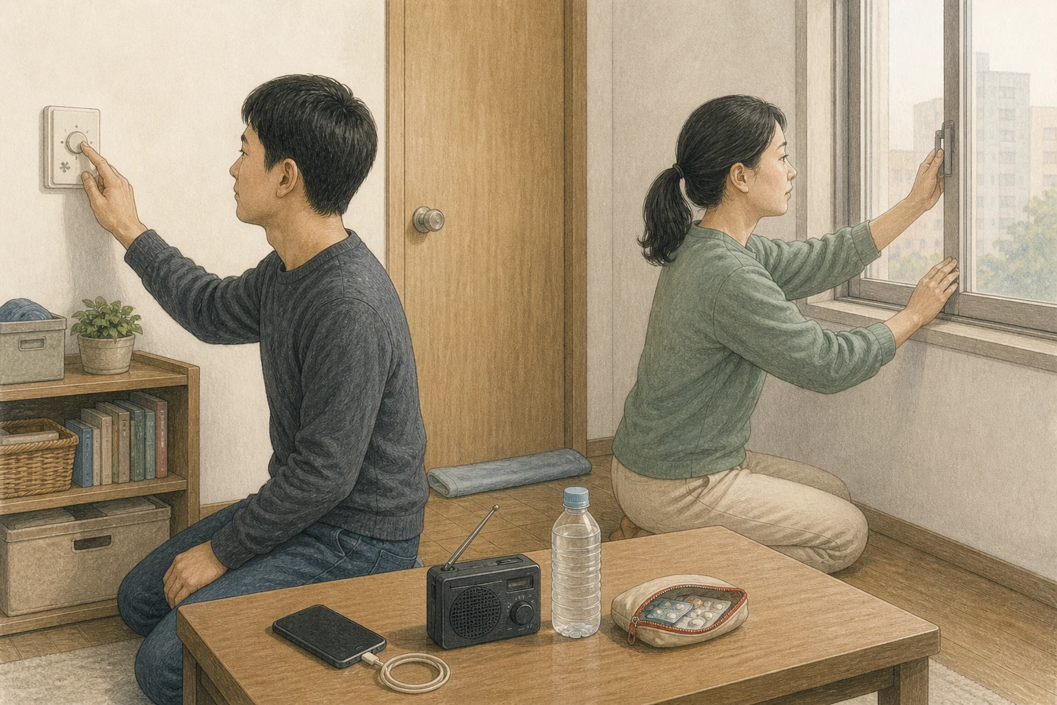 아파트 안쪽 방에서 한 사람이 환기 스위치를 끄고 다른 사람이 닫힌 창문을 확인하는 실내대피 상황 재구성 (AI 생성 삽화)