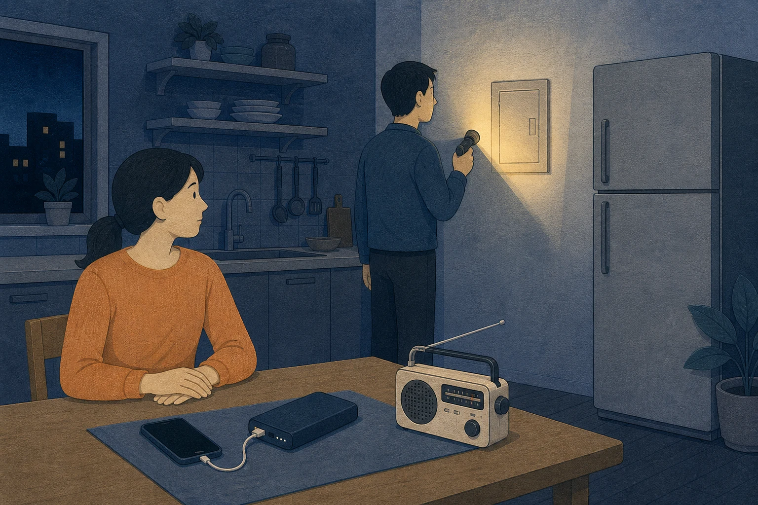 정전된 아파트 주방에서 성인이 손전등으로 닫힌 분전반을 살피고 다른 성인은 휴대전화와 배터리 라디오 옆에 앉아 있는 편집 삽화 (AI 생성 삽화)