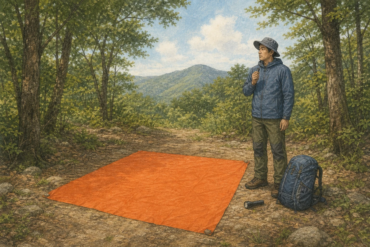 작은 안전한 숲 공터에서 등산객이 밝은색 비상포를 바닥에 넓게 펴고 호루라기를 손에 든 구조 신호 상황 재구성 (AI 생성 삽화)