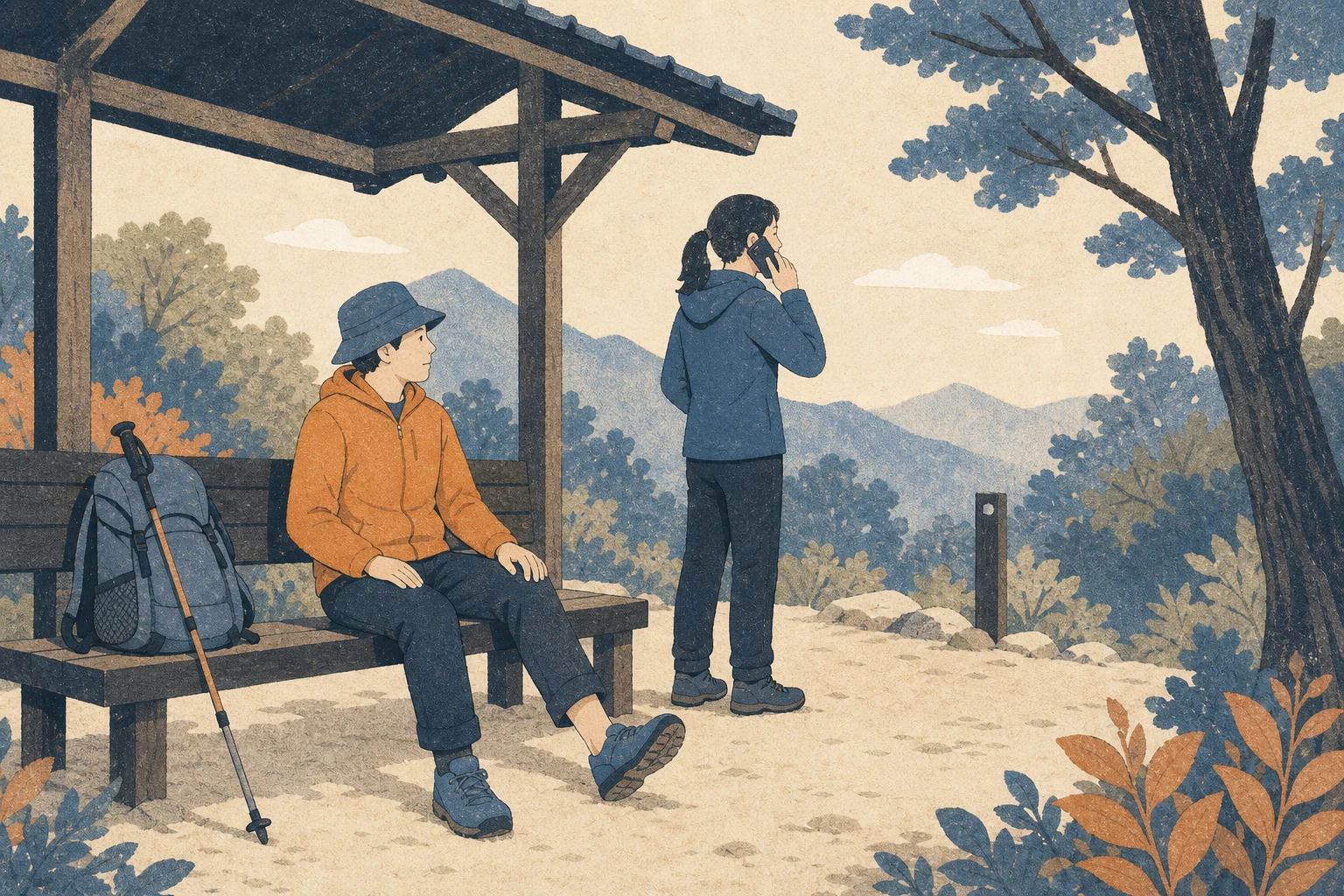 등산로 쉼터에서 의식 있는 성인이 다리를 편 채 가만히 앉고 동행인은 주변 지형을 보며 전화로 위치를 알리는 편집 삽화 (AI 생성 삽화)