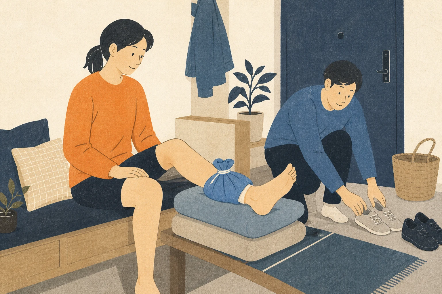 현관 벤치에 앉은 성인이 발목을 쿠션 위에 올리고 천으로 감싼 냉찜질 팩을 대며 동행인은 신발을 치우는 편집 삽화 (AI 생성 삽화)