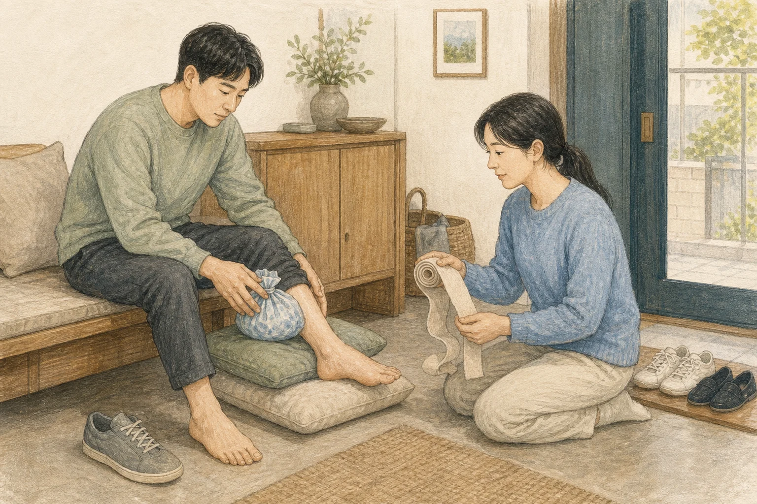 아파트 현관 벤치에 앉은 성인이 발목을 쿠션 위에 편안히 올리고 천으로 감싼 냉찜질 팩을 대며 동행인이 탄력 붕대를 준비하는 상황 재구성 (AI 생성 삽화)
