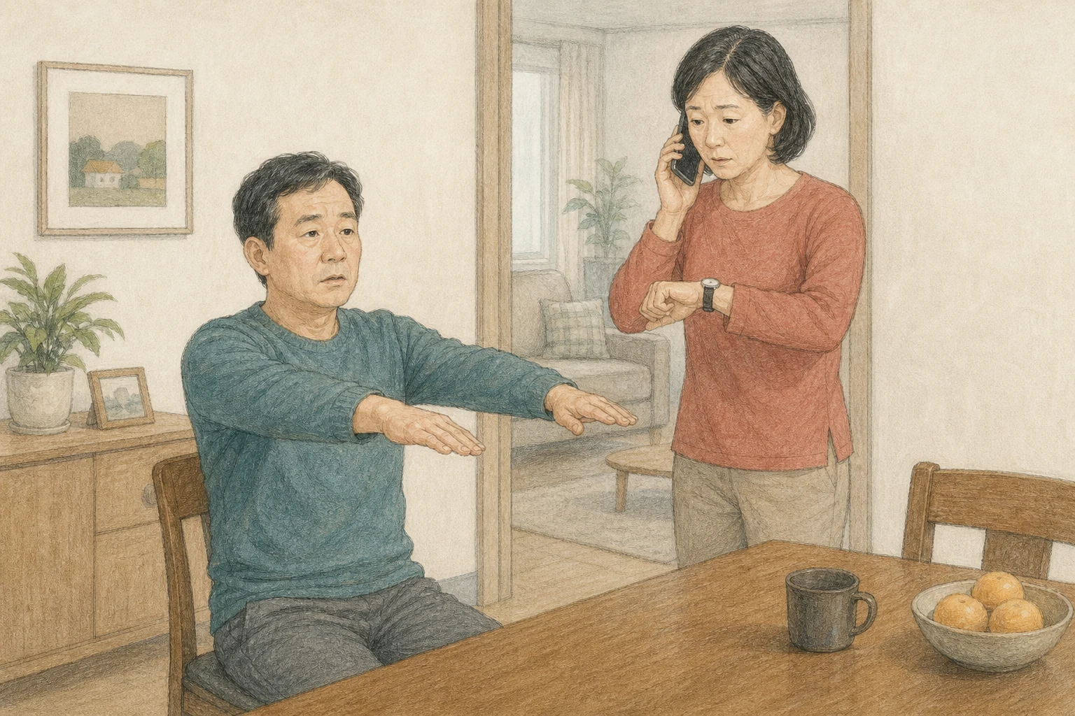 의자에 앉은 성인이 양팔을 들 때 한쪽 팔이 낮아지고 동행인이 119에 전화하며 시각을 확인하는 상황 재구성 (AI 생성 삽화)