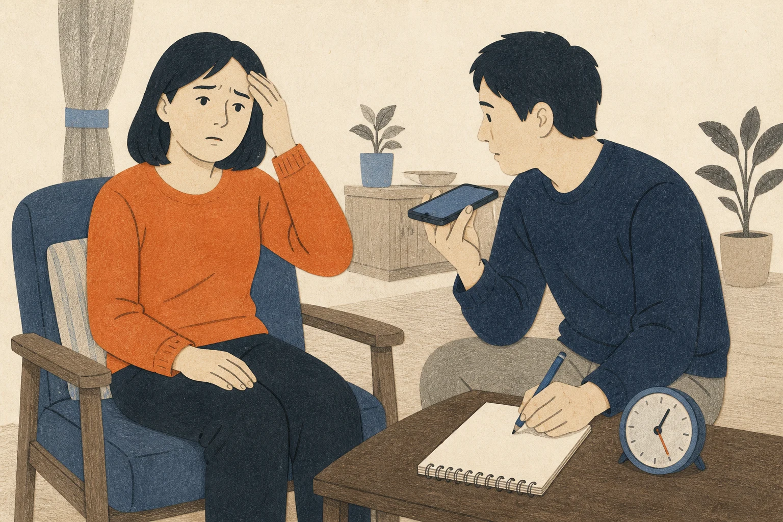 갑작스러운 심한 두통을 호소하는 성인이 의자에 앉아 있고 동행인은 스피커폰으로 신고하며 시계를 보고 시작 시각을 기록하는 편집 삽화 (AI 생성 삽화)