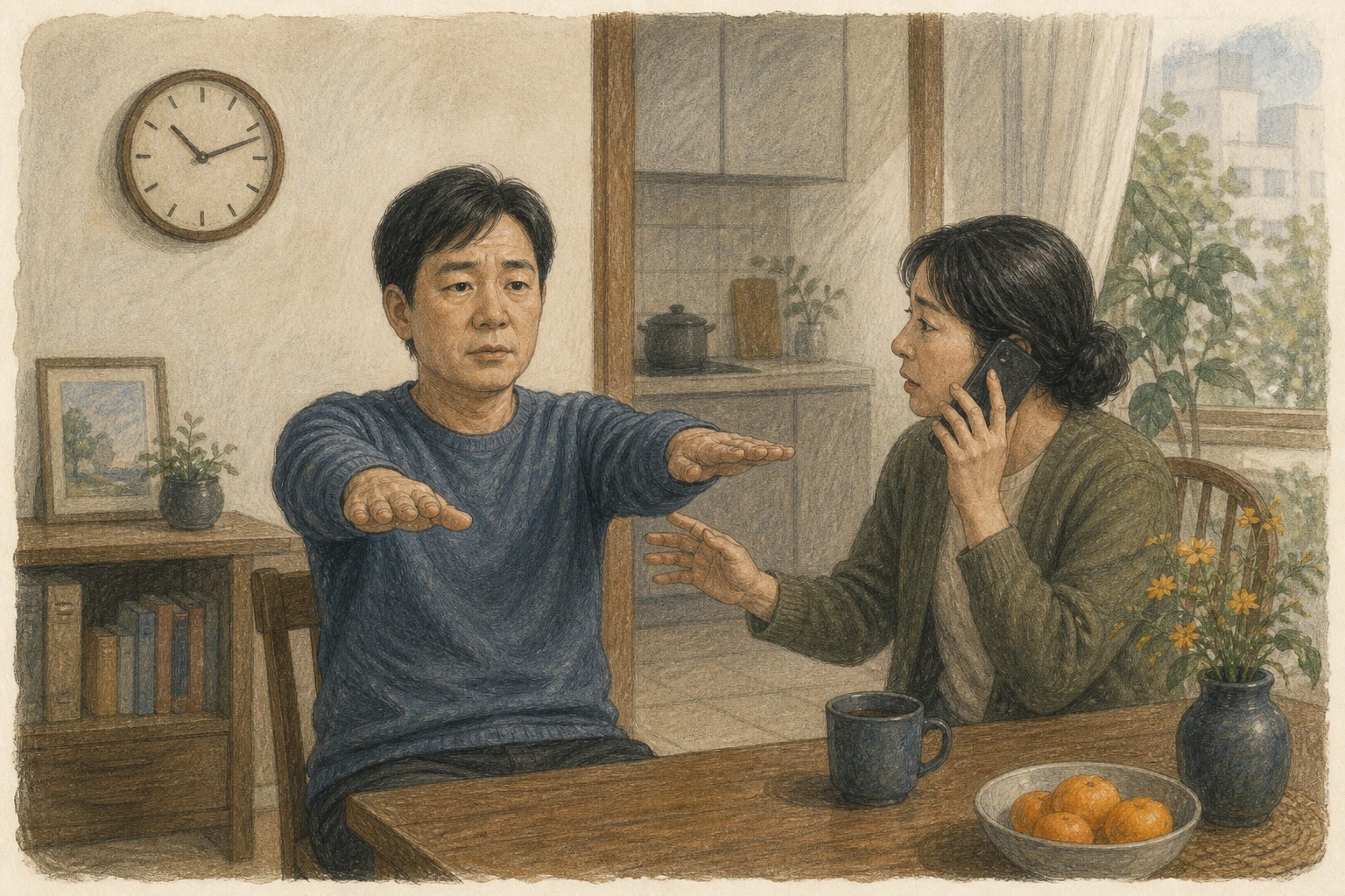 한국 가정에서 갑작스러운 두통을 호소하는 성인이 앉아 있고 동행인이 양팔 들기와 짧은 문장 말하기를 확인하며 전화하는 상황 재구성 (AI 생성 삽화)