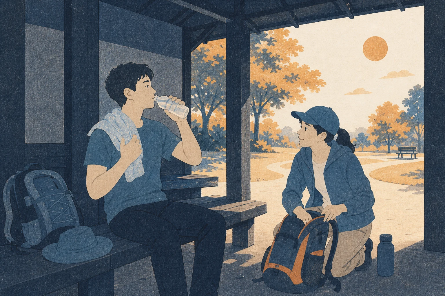 야외 활동을 멈춘 성인이 깊은 그늘에 앉아 어깨에 젖은 천을 두르고 물을 마시며 동행인은 장비를 정리하는 편집 삽화 (AI 생성 삽화)