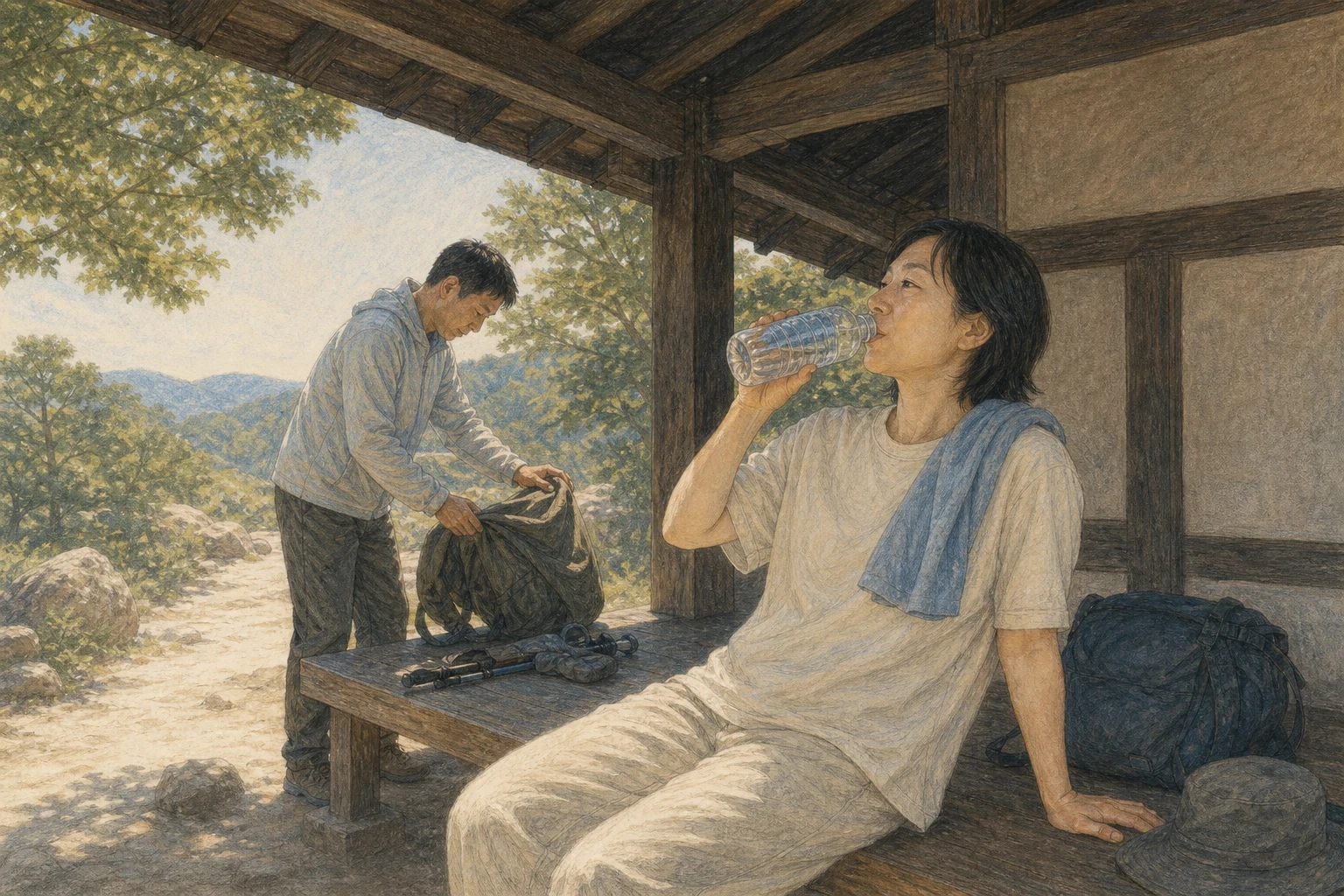 야외 활동 뒤 그늘에 앉은 성인이 어깨에 시원한 젖은 천을 대고 물을 마시며 쉬는 AI 상황 재구성 (AI 생성 삽화)