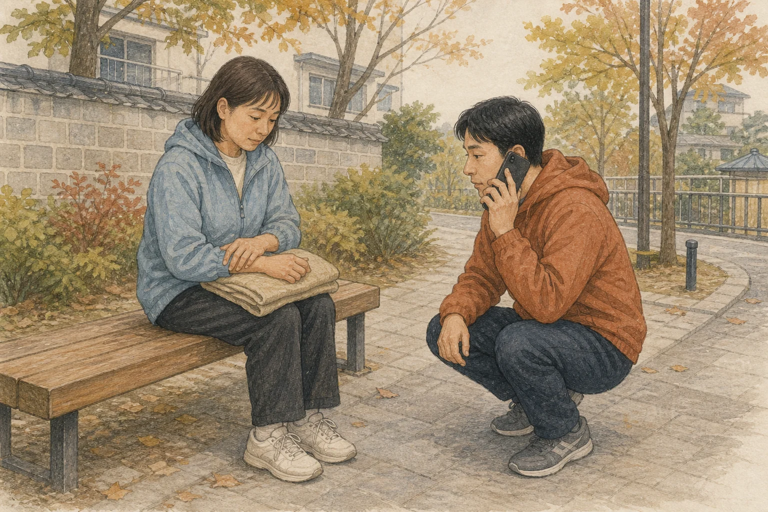 동네 공원에서 넘어진 성인이 앉아 다친 손목을 접은 수건 위에 편안히 받치고 동행인이 휴대전화로 119에 상황을 알리는 재구성 (AI 생성 삽화)