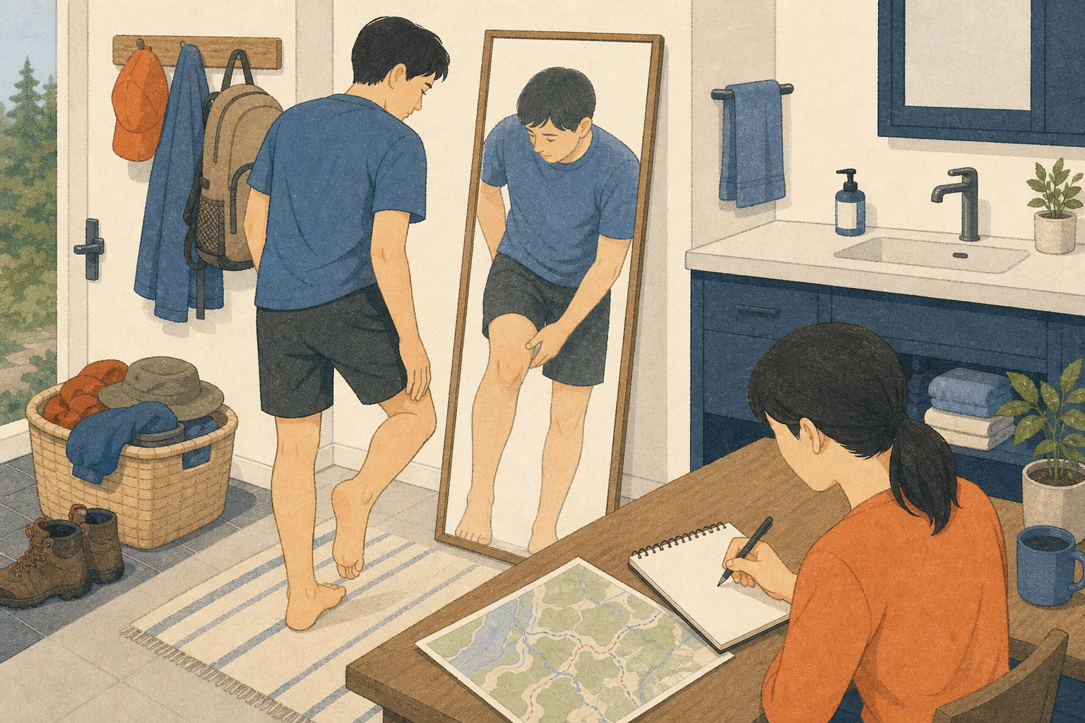 숲길 활동 뒤 성인이 밝은 세면 공간의 거울로 종아리와 무릎 뒤를 확인하고 동행인은 지도 옆 수첩에 활동 정보를 적는 편집 삽화 (AI 생성 삽화)