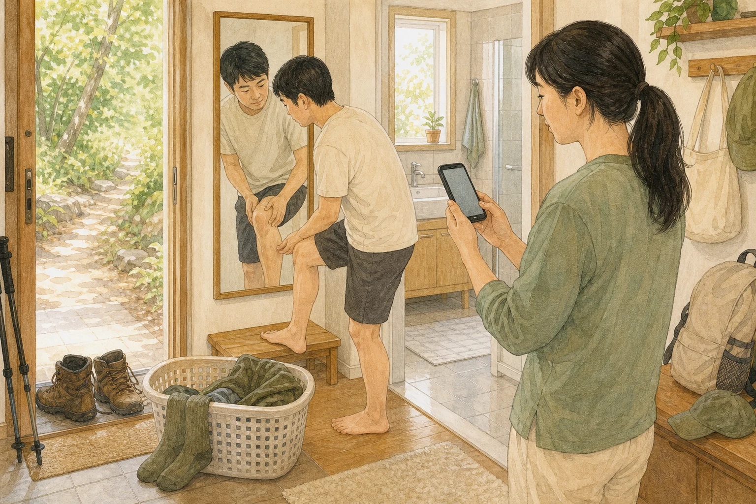 한국의 숲길 탐방 뒤 밝은 세면 공간에서 성인이 긴 양말과 바지를 세탁 바구니에 넣고 거울로 종아리와 무릎 뒤를 확인하며 동행인이 야외 활동 날짜와 장소를 휴대전화에 기록하는 상황 재구성 (AI 생성 삽화)