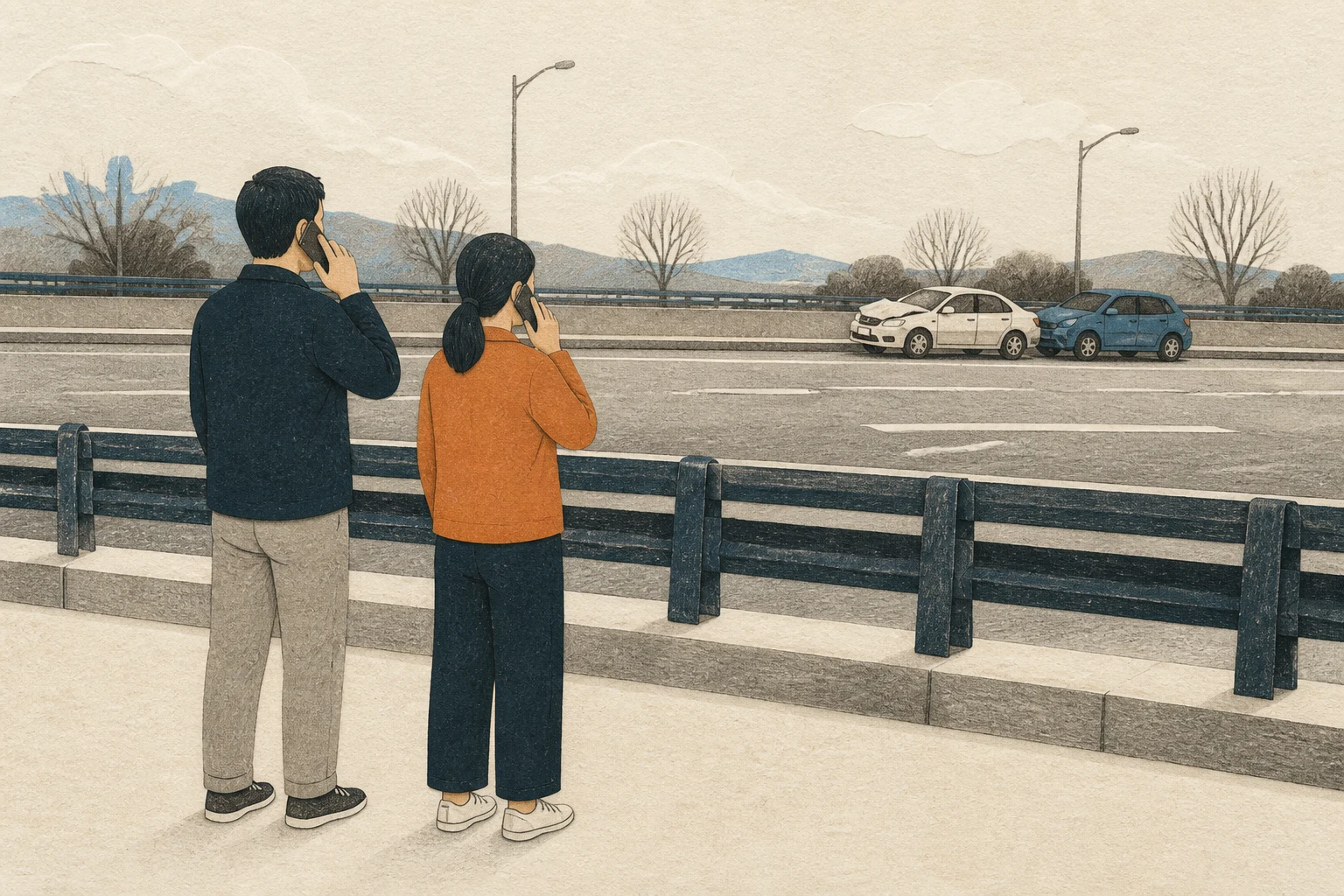 멀리 정차한 충돌 차량 두 대를 가드레일 건너편에 두고 성인 두 명이 넓은 보행 공간에서 신고하는 편집 삽화 (AI 생성 삽화)